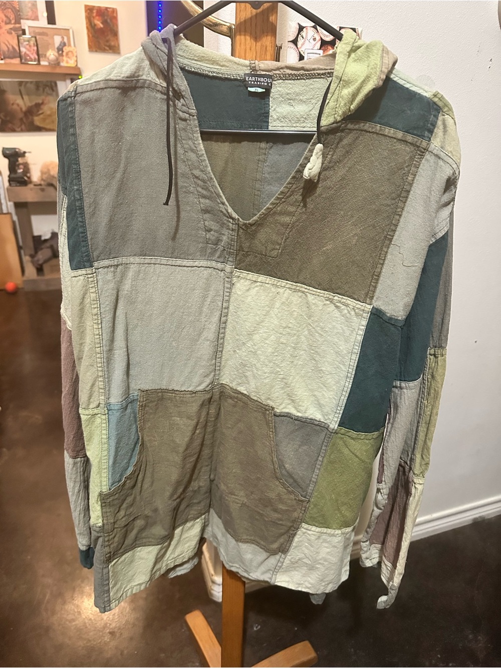 EARTHBOUND Patchwork Hooded Pullover in Olive, Sage & Teal
